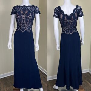Tadashi Shoji Womens Size 8 Blue Lace Crepe Gown Maxi Floral Dress Wedding Party